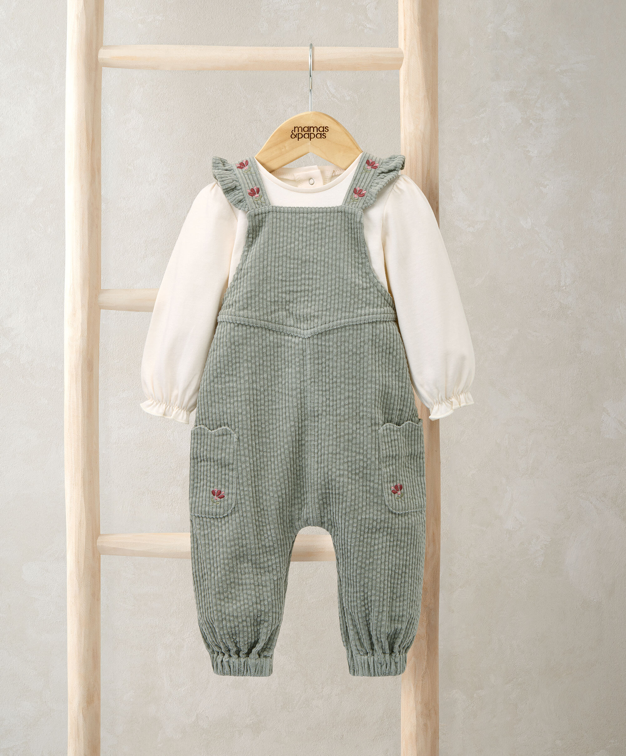 Embroidered Cord Dungarees & Bodysuit Set (2 Pieces) - Green image number 1