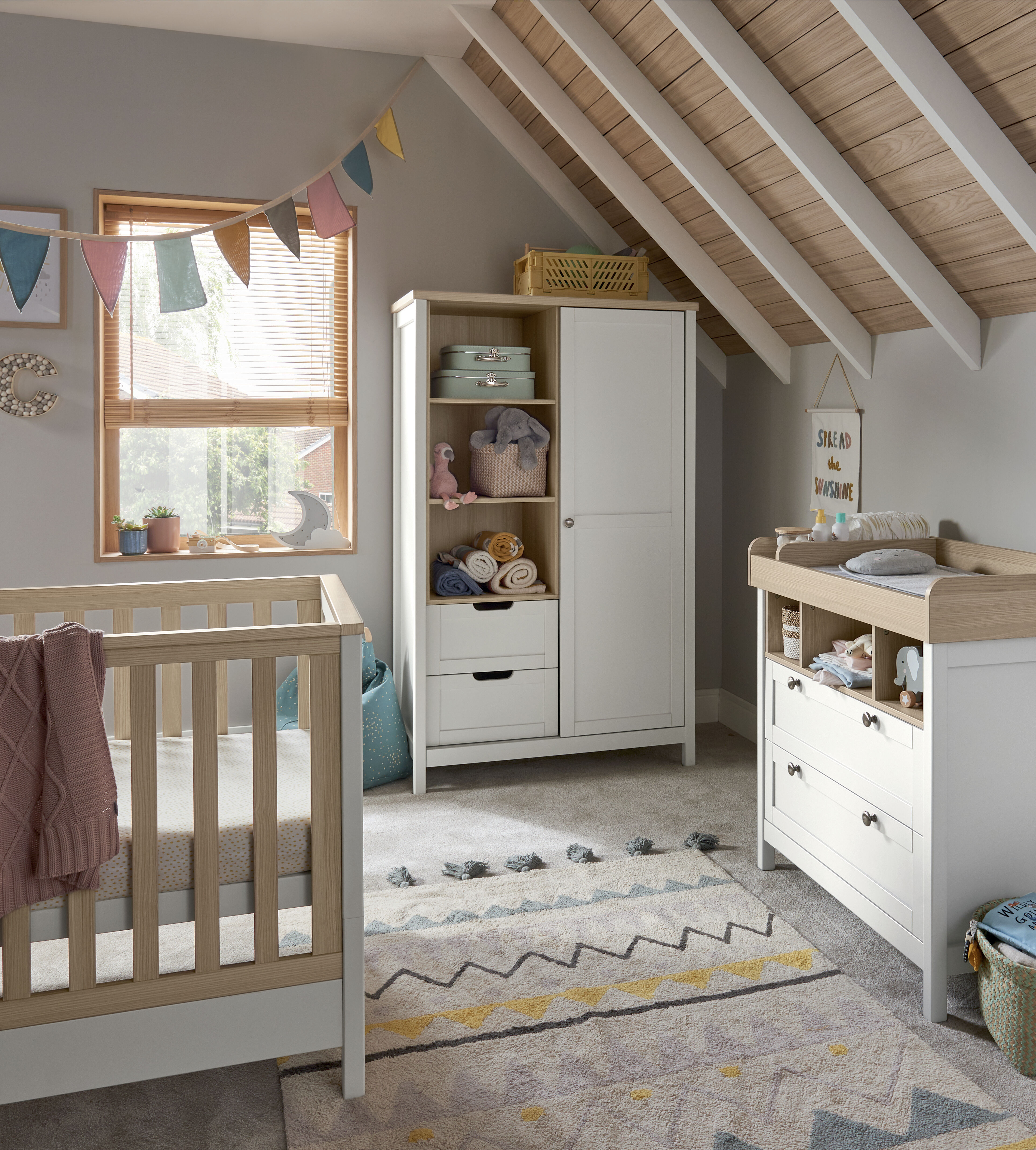 Harwell 4 Piece Cotbed Set with Dresser Changer, Wardrobe and Nanit Monitor - White image number 1