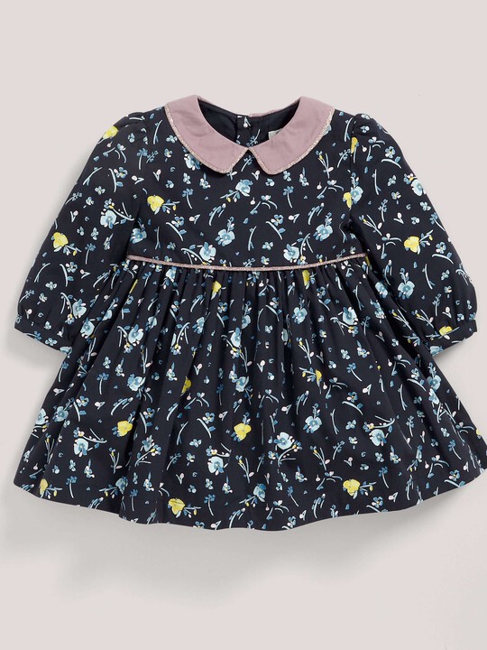 Floral Print Cotton Dress with Collar Navy- 0-3 image number 3