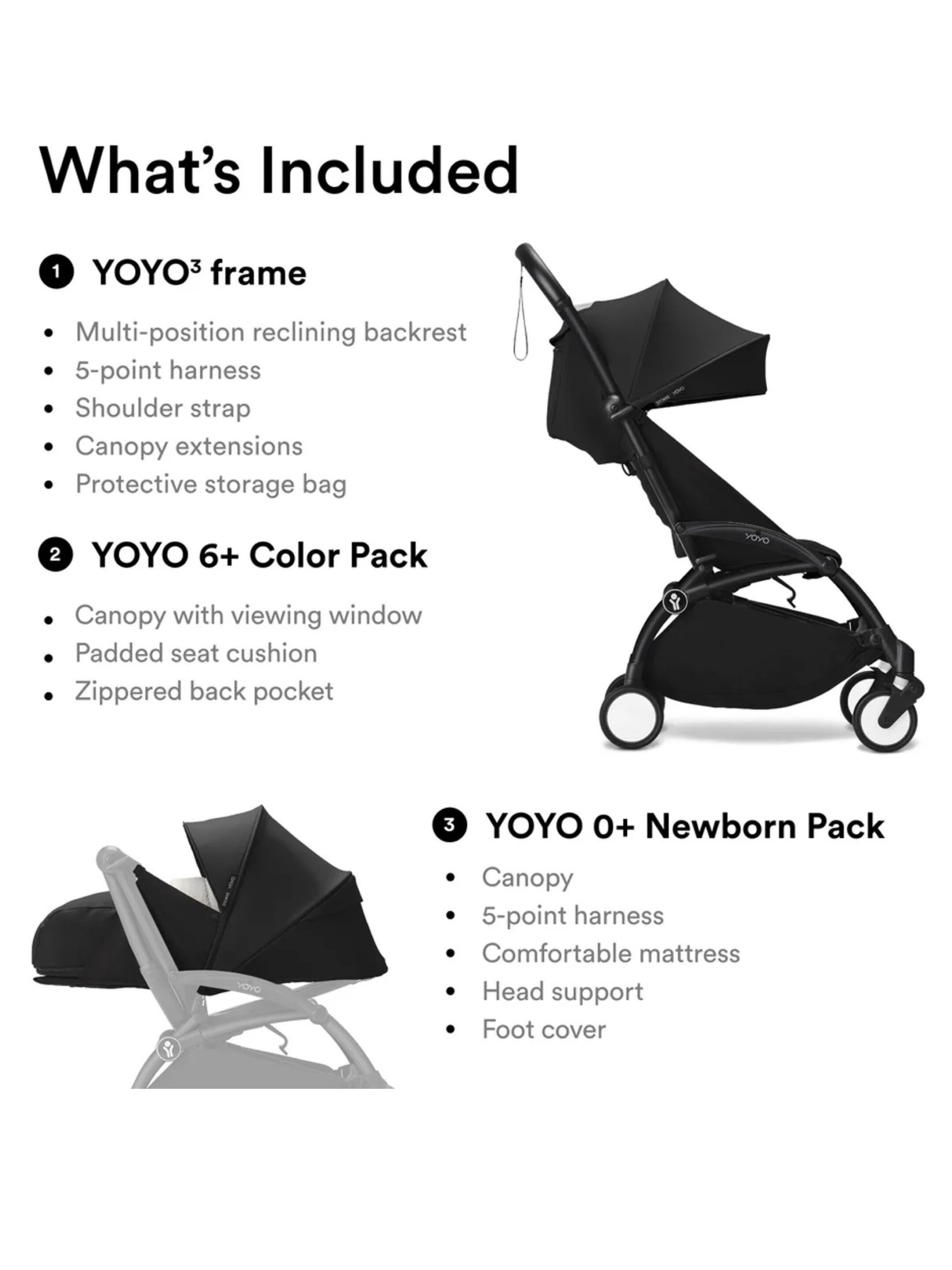 Stokke YOYO3 Full Stroller with White Frame, 0+ Newborn and 6+ Color Pack - Black (3 pieces) image number 2
