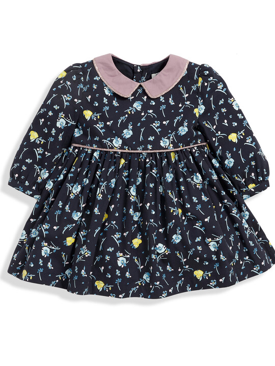 Floral Print Cotton Dress with Collar Navy- 0-3 image number 1