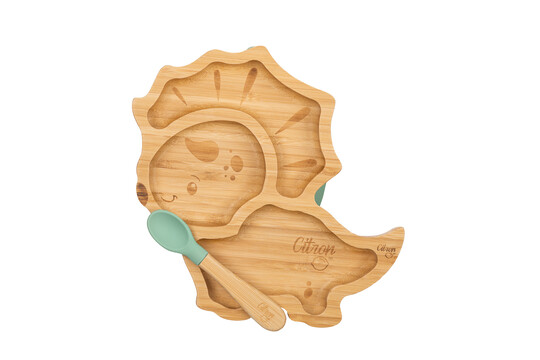 Citron Organic Bamboo Plate Suction + Spoon Dino Pastel Green image number 1