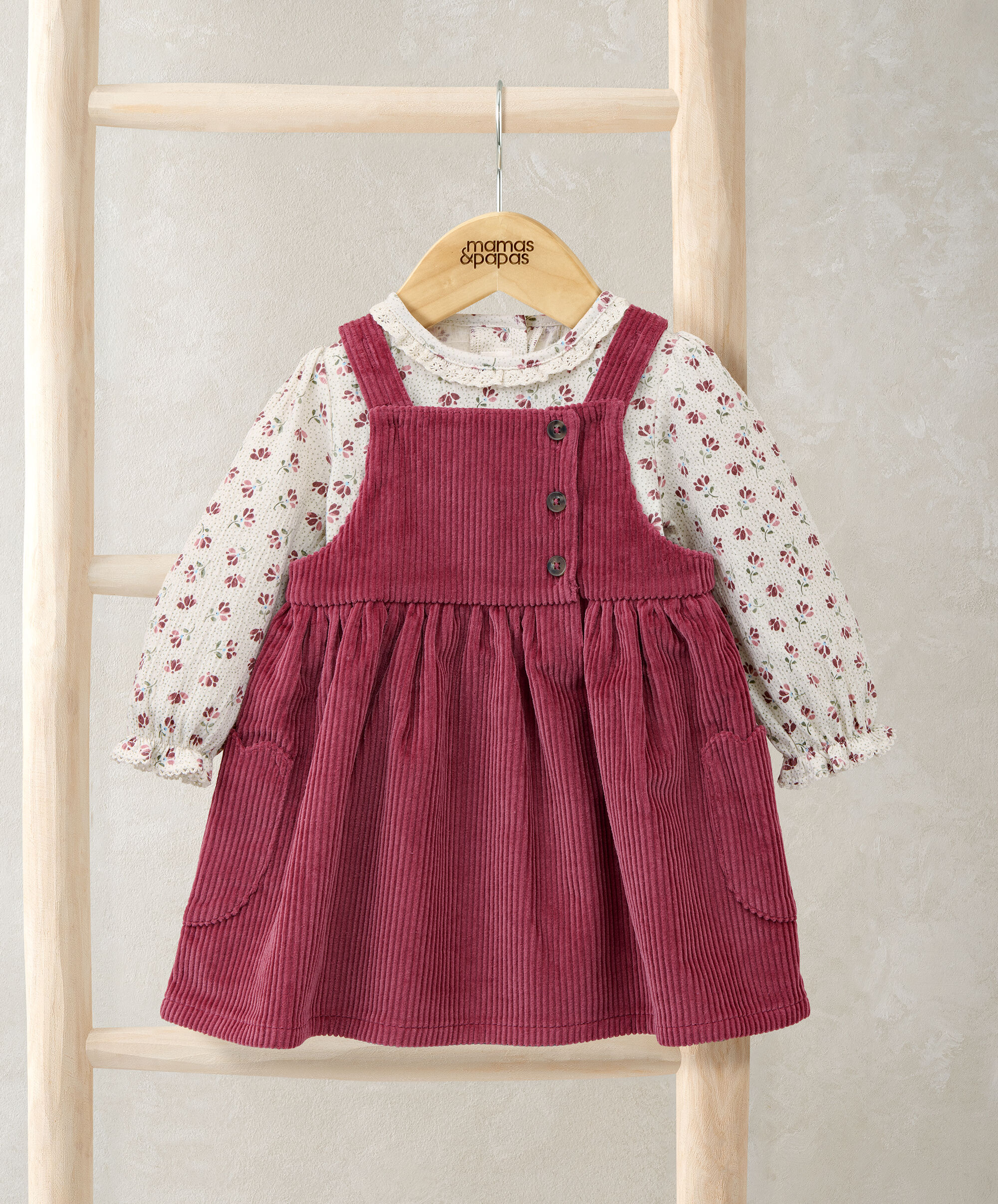 Cord Pinny Dress & Floral Bodysuit Set (2 Pieces) image number 1