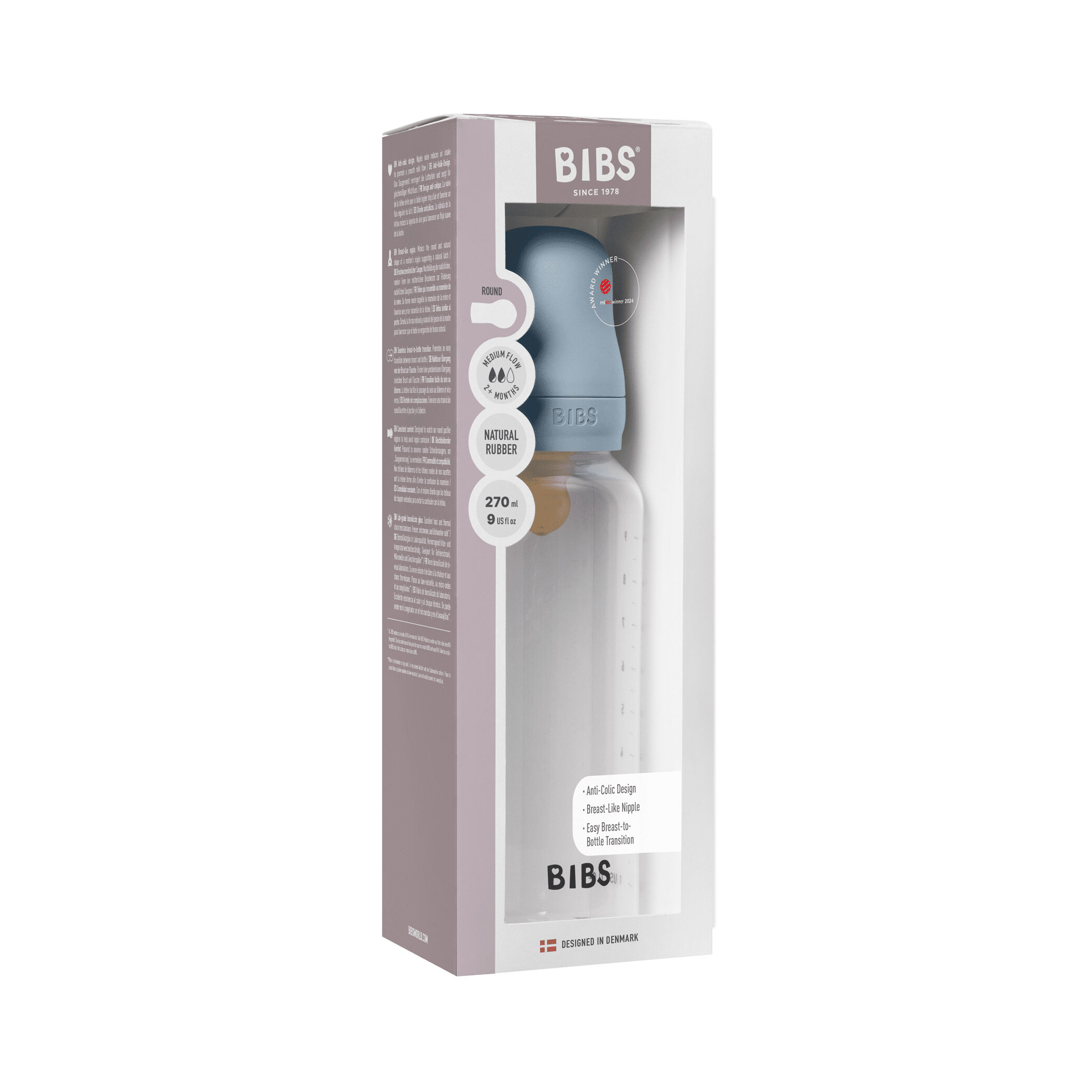BIBS Baby Bottle Round Nipple Latex 1 Pack 270 Ml Medium Flow Baby Blue image number 3