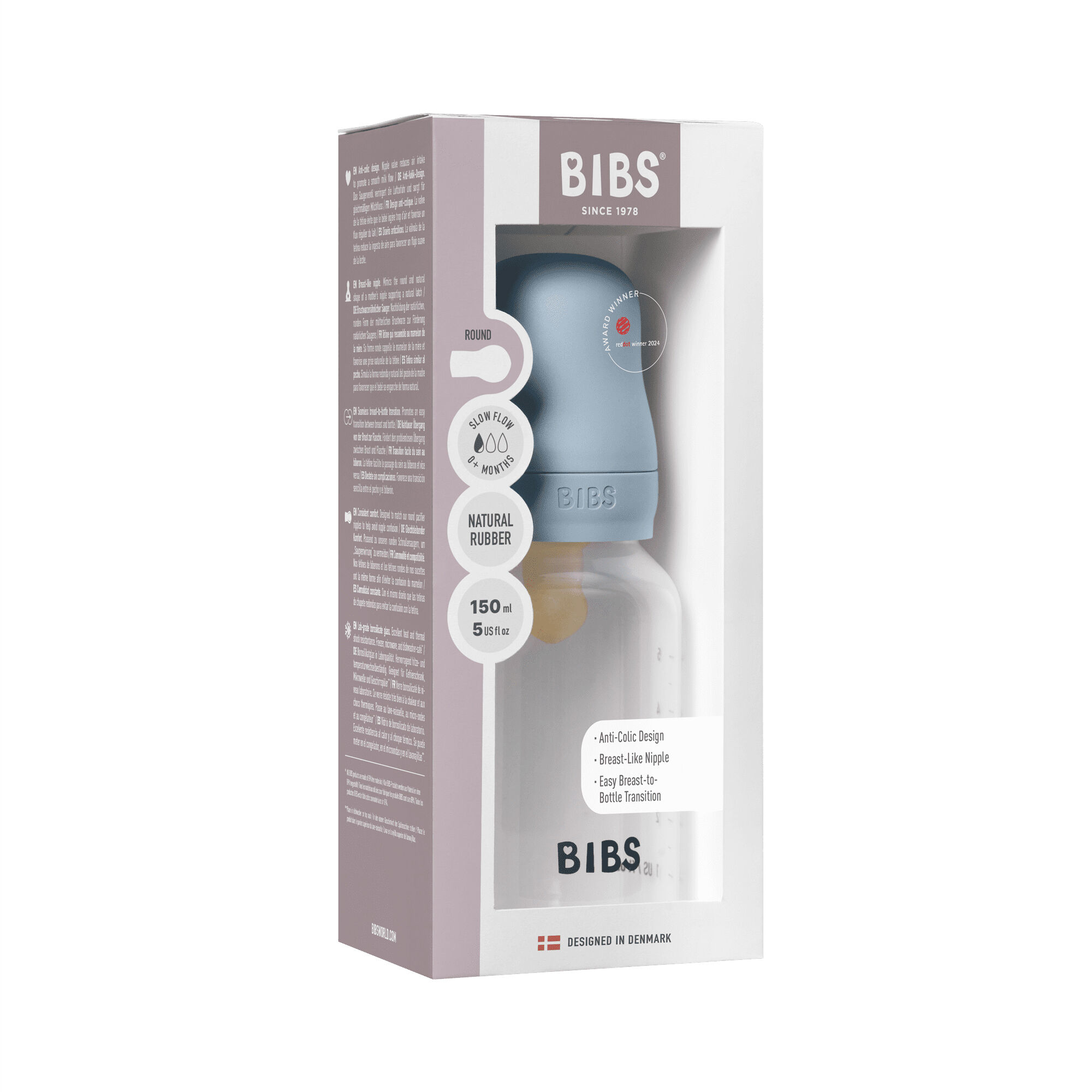 BIBS Baby Bottle Round Nipple Latex 1 Pack 150 Ml Slow Flow Baby Blue image number 4
