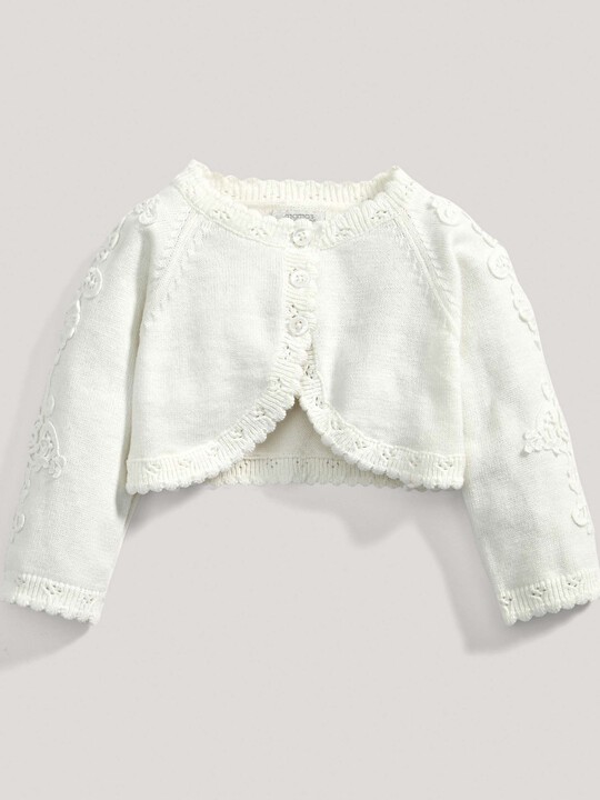 Lace Applique Detail Knit Cropped Cardigan Cream- New Born image number 2