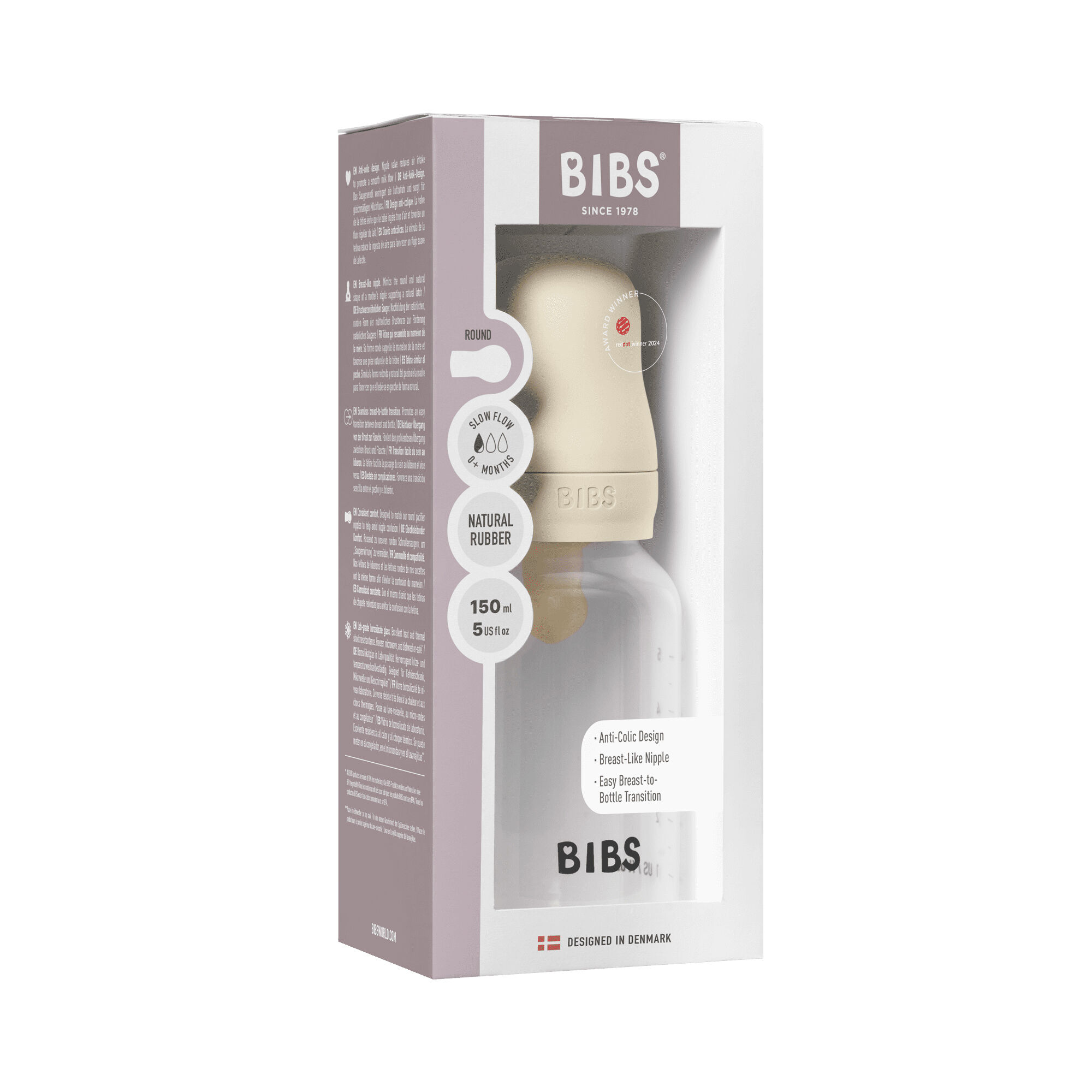 BIBS Baby Bottle Round Nipple Latex 1 Pack 150 Ml Slow Flow Ivory image number 4