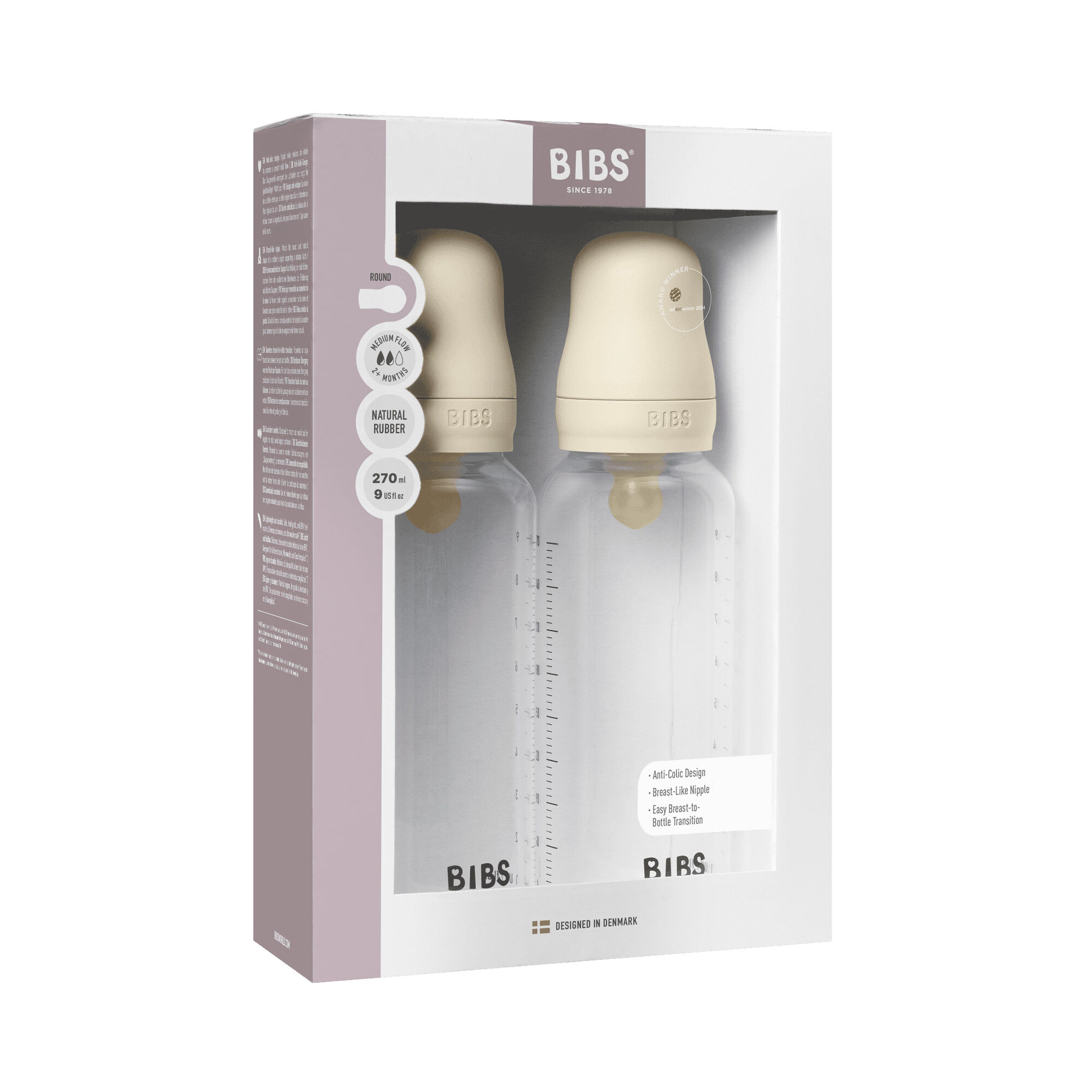 BIBS Baby Bottle Round Nipple Latex 2 Pack 270 Ml Medium Flow Ivory image number 1