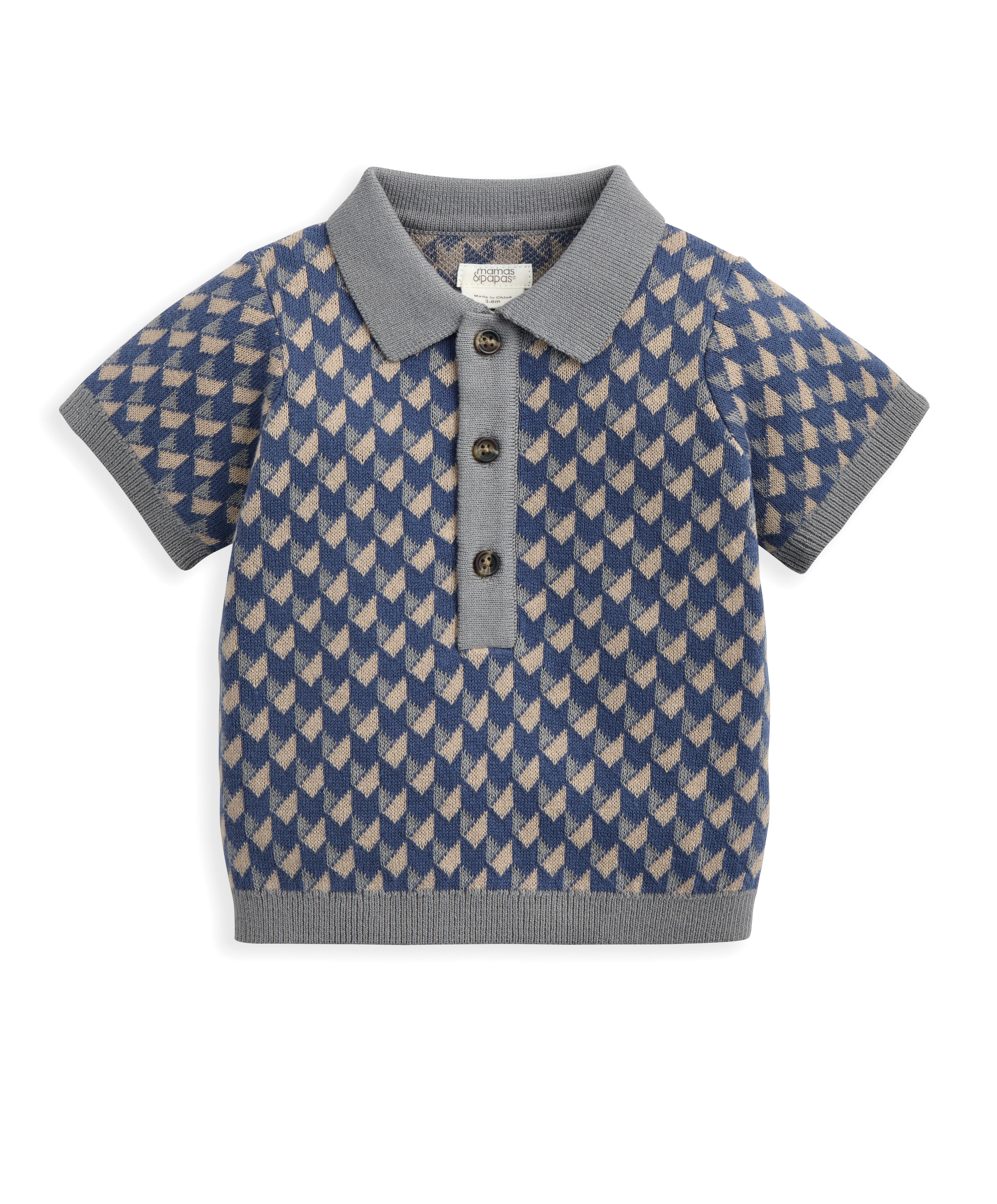 Jacquard Knit Polo Shirt with Button Placket - Blue image number 2