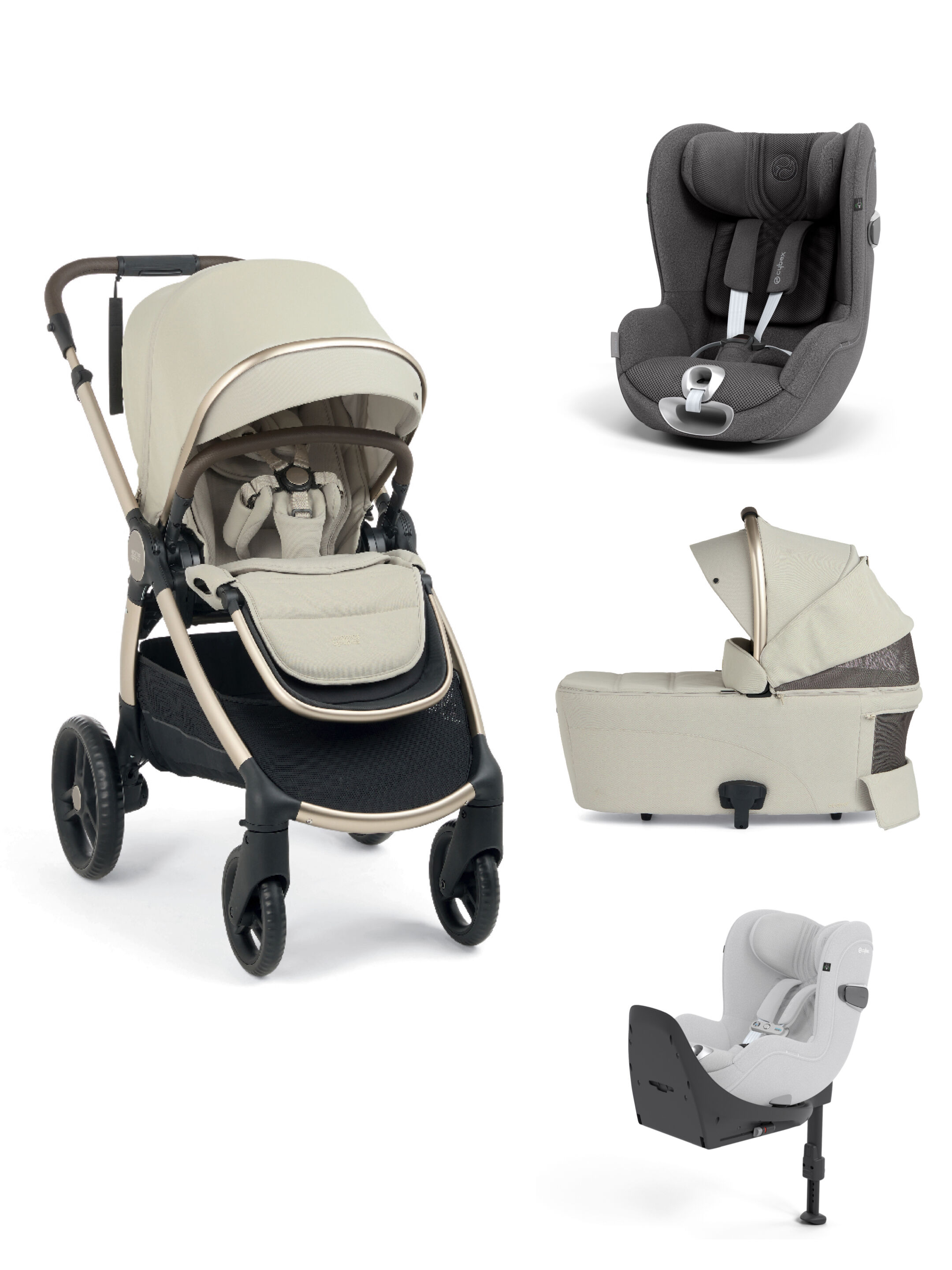 Ocarro 2 Pushchair and Carrycot Bundle with Cybex Car Seat and Base (4 Pieces) - Shell