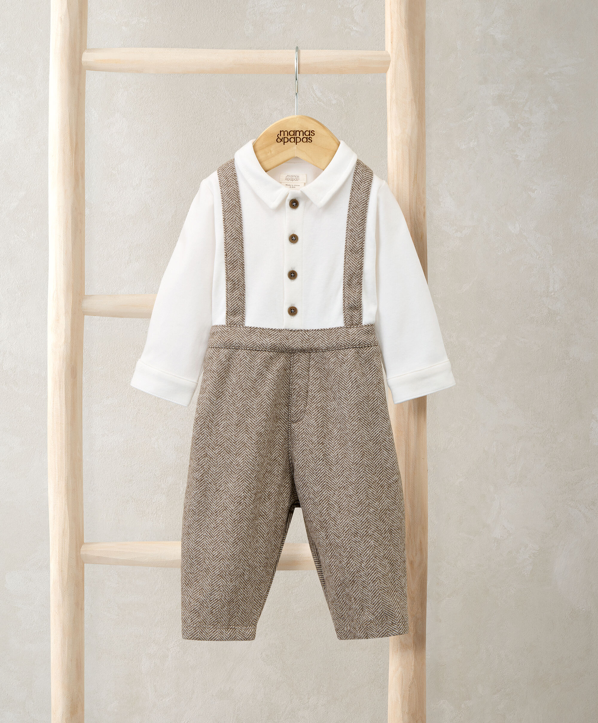 Mock Shirt & Braces Romper - Oatmeal