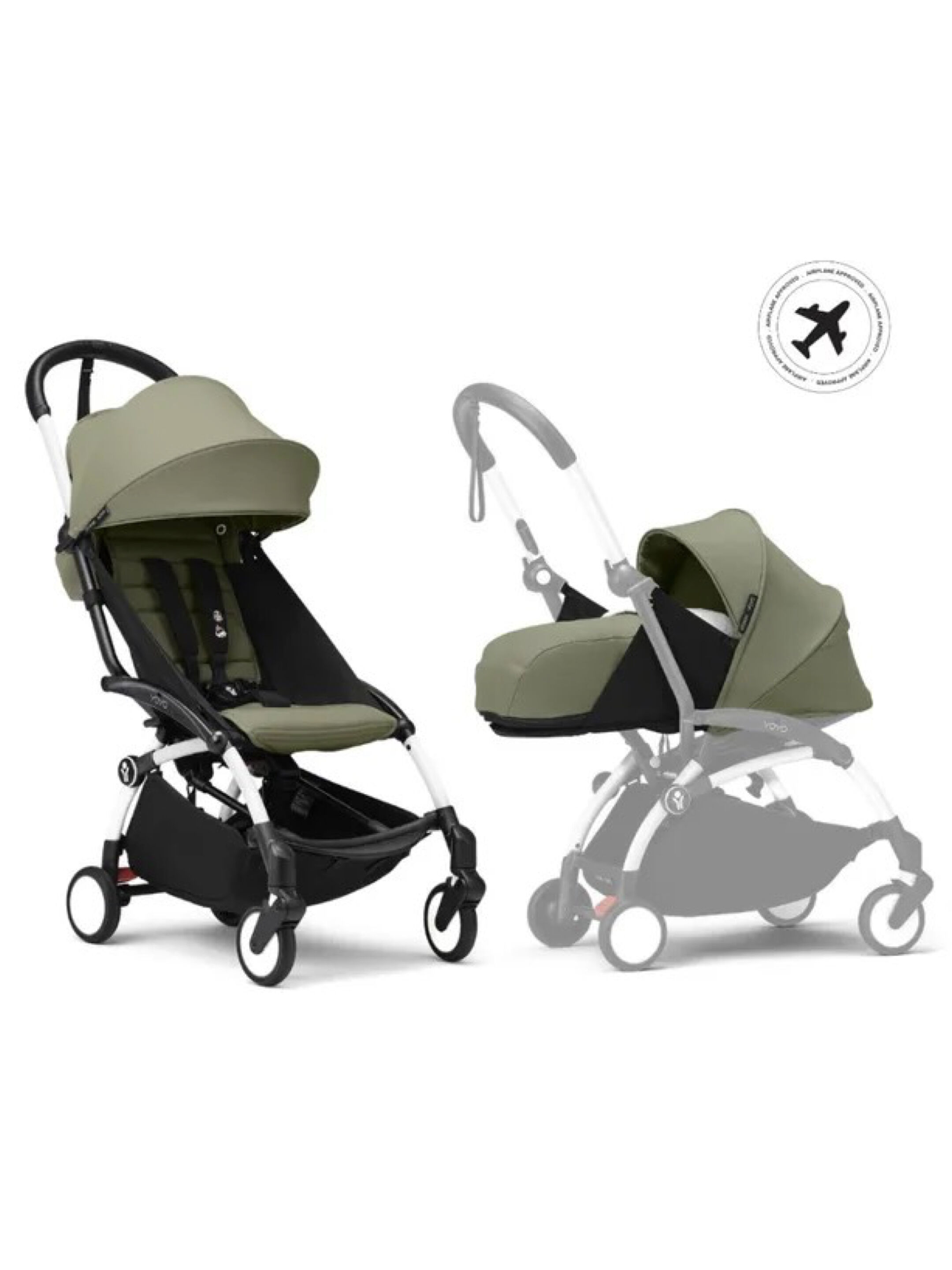 Stokke YOYO3 Full Stroller with White Frame, 0+ Newborn and 6+ Color Pack - Olive (3 pieces)