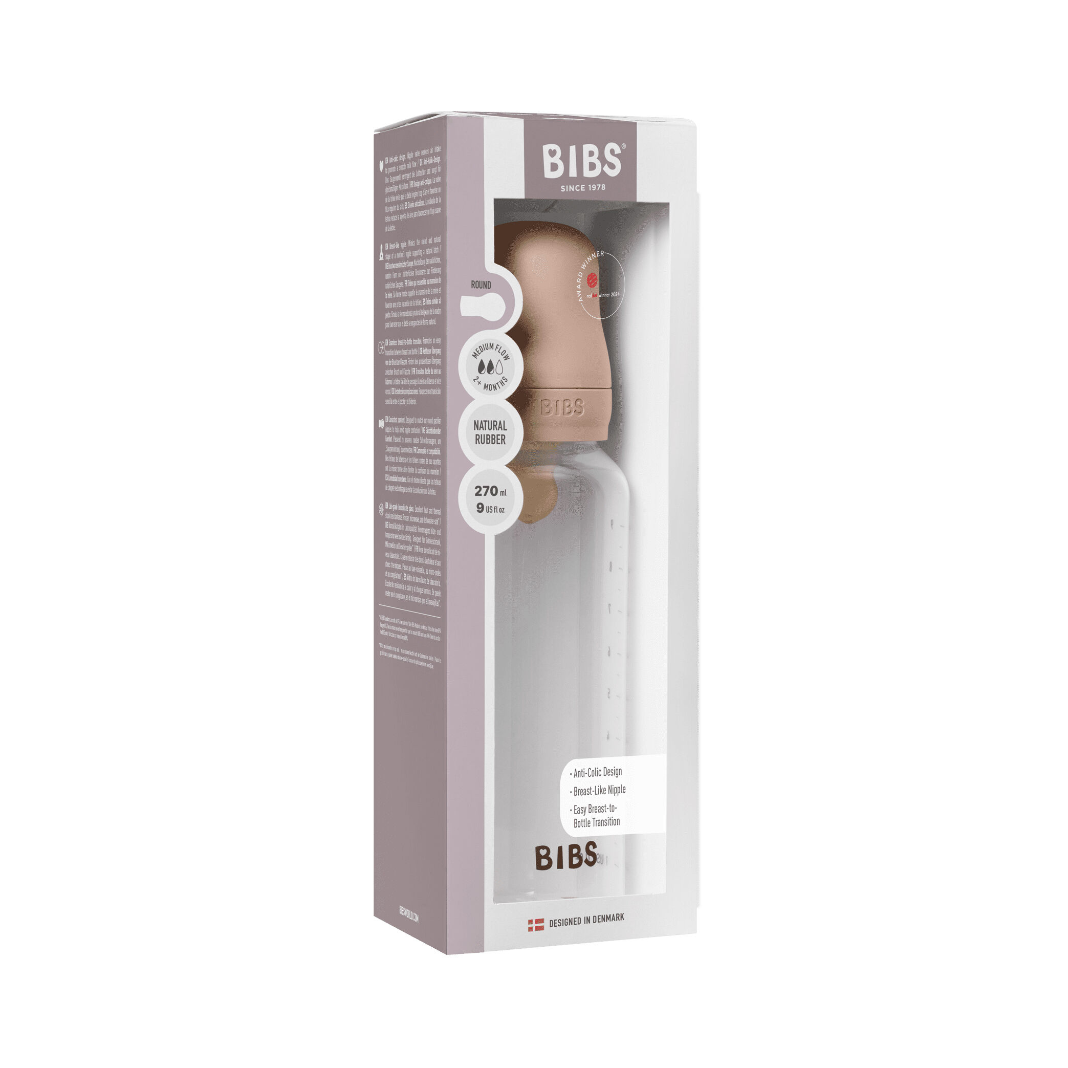 BIBS Baby Bottle Round Nipple Latex 1 Pack 270 Ml Medium Flow Blush image number 3