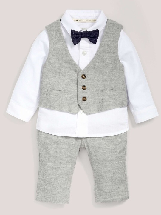 4 Piece Waistcoat Suit Set with Shirt, Bowtie & Trousers Soft Grey- 12-18 months image number 1