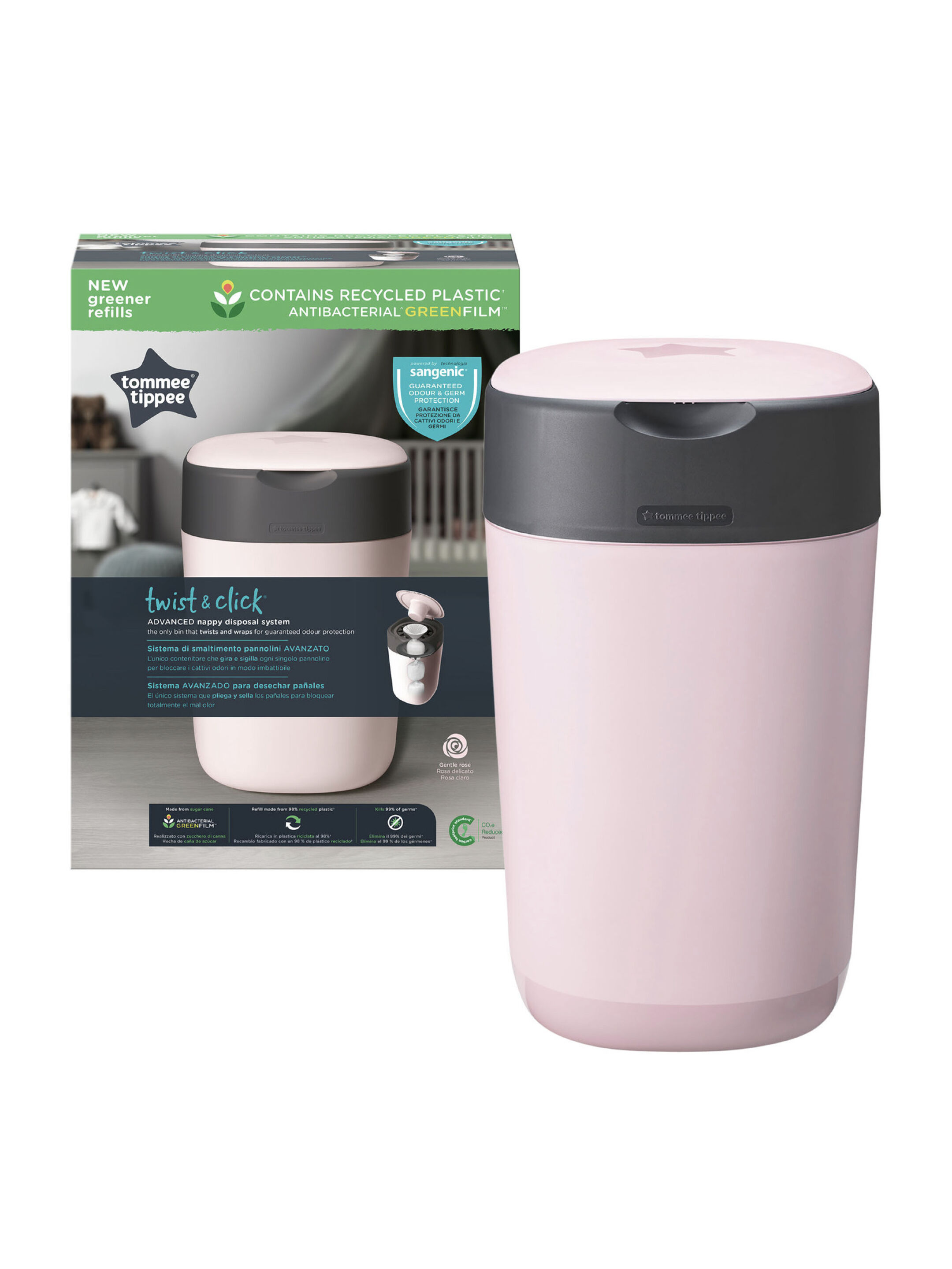 Tommee Tippee Twist and Click Advanced Nappy Bin - Pink (Includes 1 Refill Cassette) image number 1