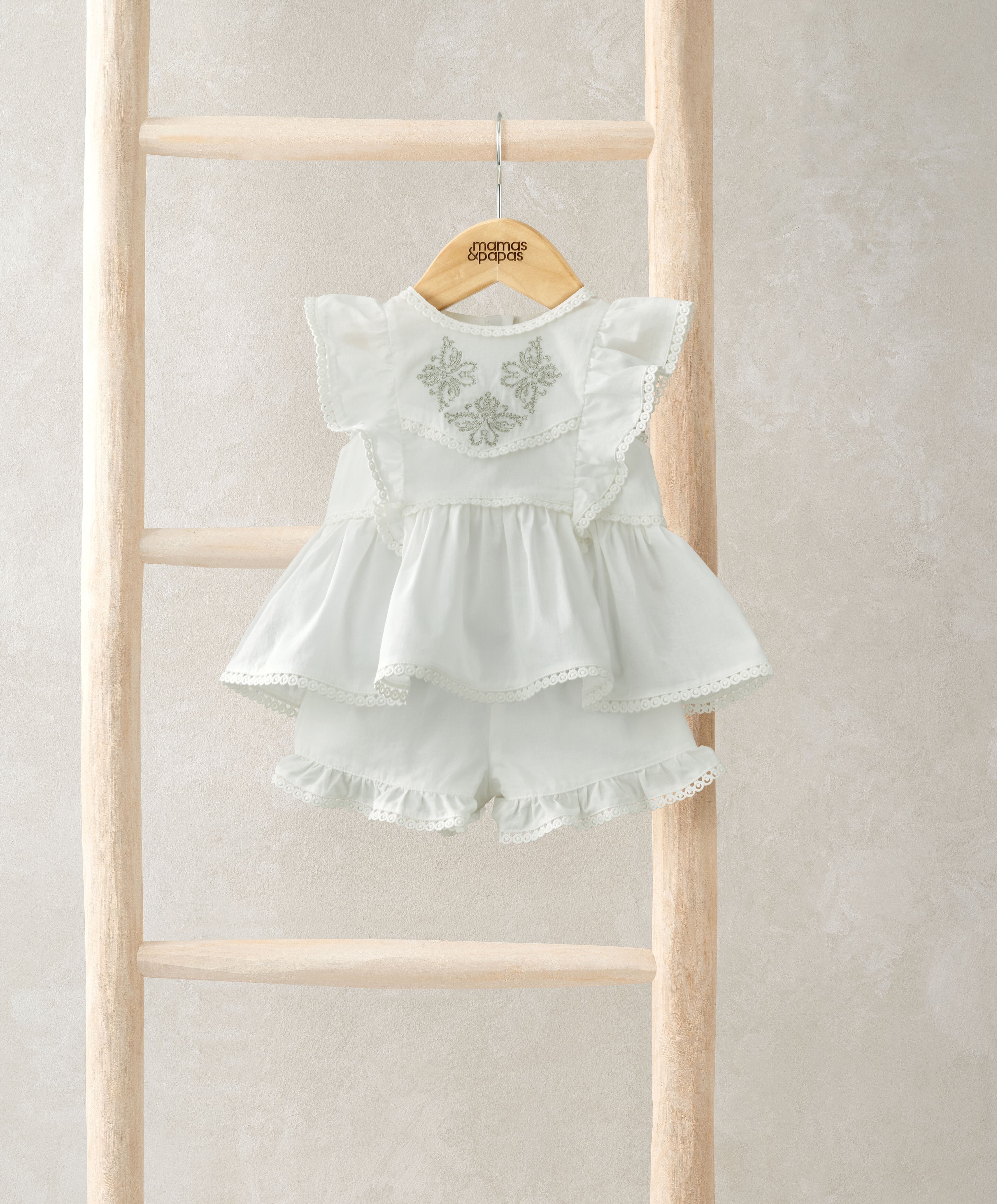 2 Piece Embroidered Frill Blouse & Short Set